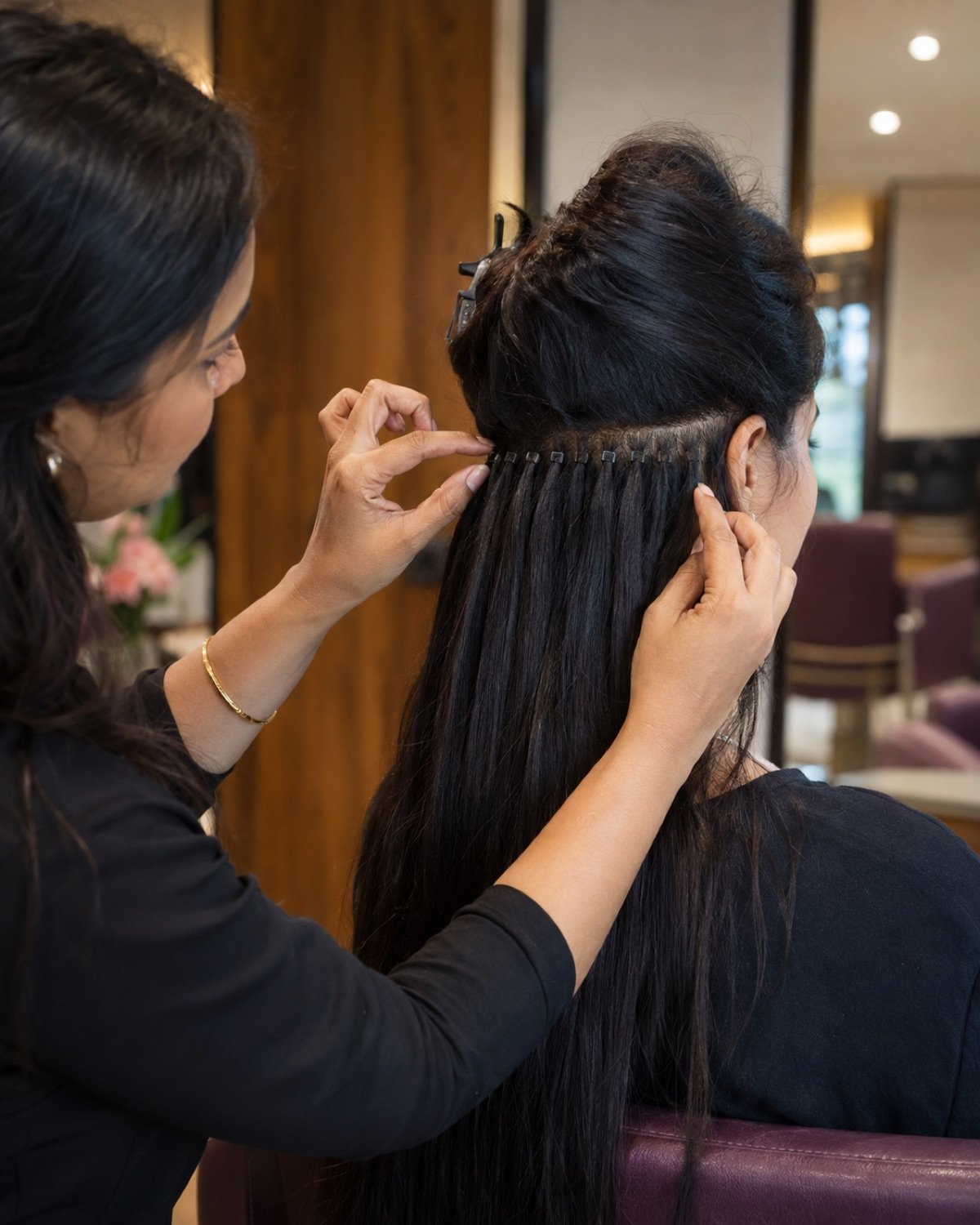 Indian stylist checking micro ring spacing and comfort