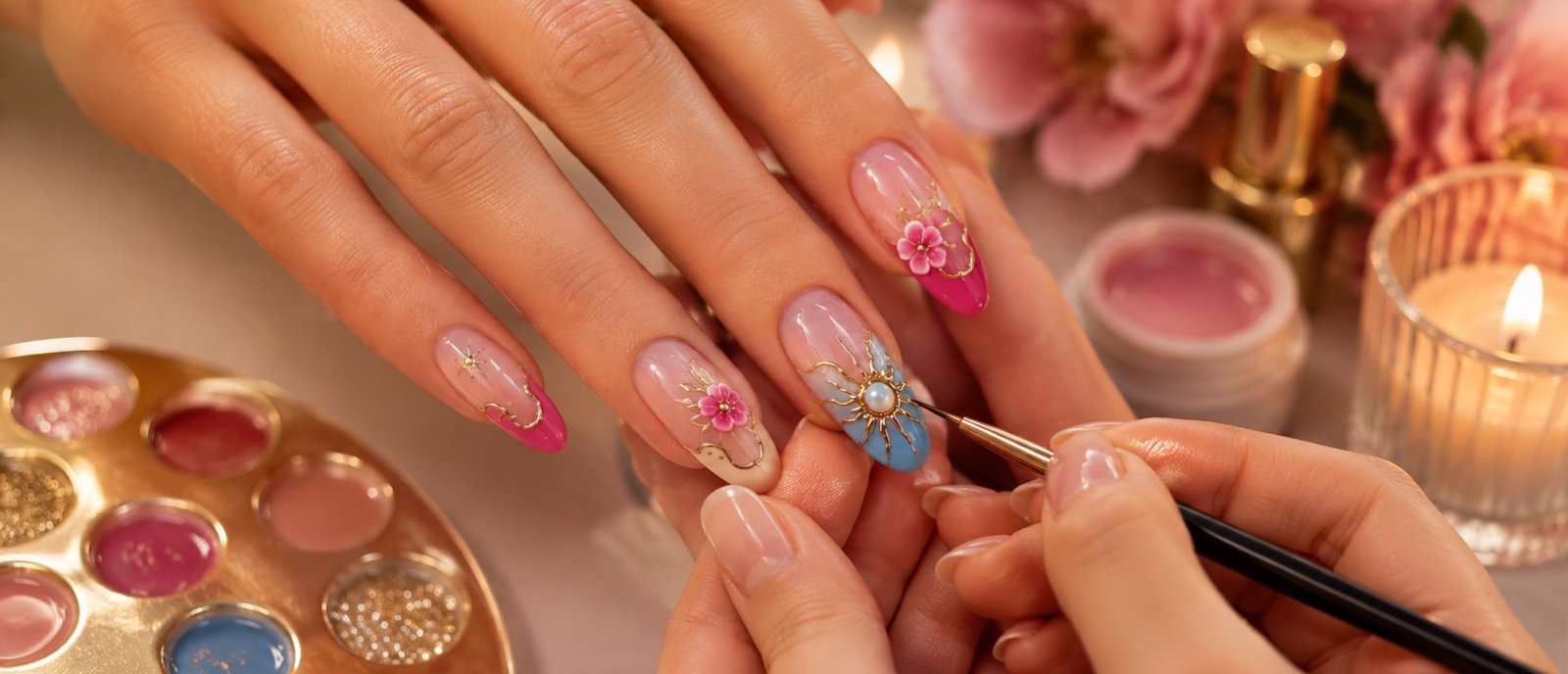 Hand-painted, custom nail art with gold detailing and floral accents at Plum & Sugar HSR Layout