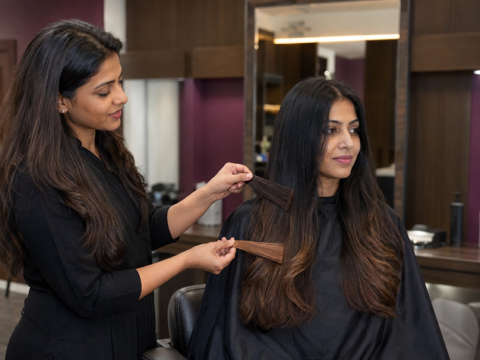 Indian colourist mapping chocolate and caramel ombre shades against dark hair