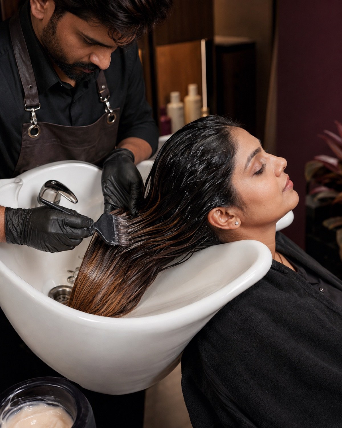 Toner and conditioning treatment applied to ombre mid-lengths and ends