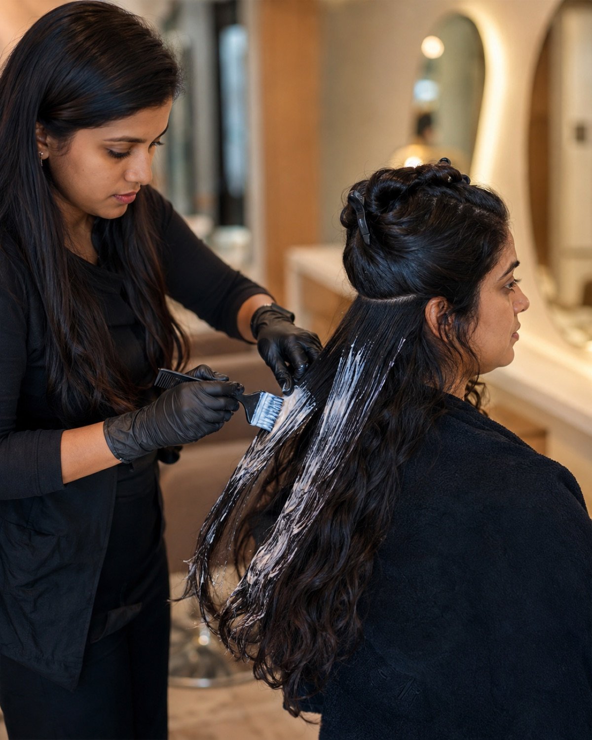 Protein repair formula applied section by section through Indian hair