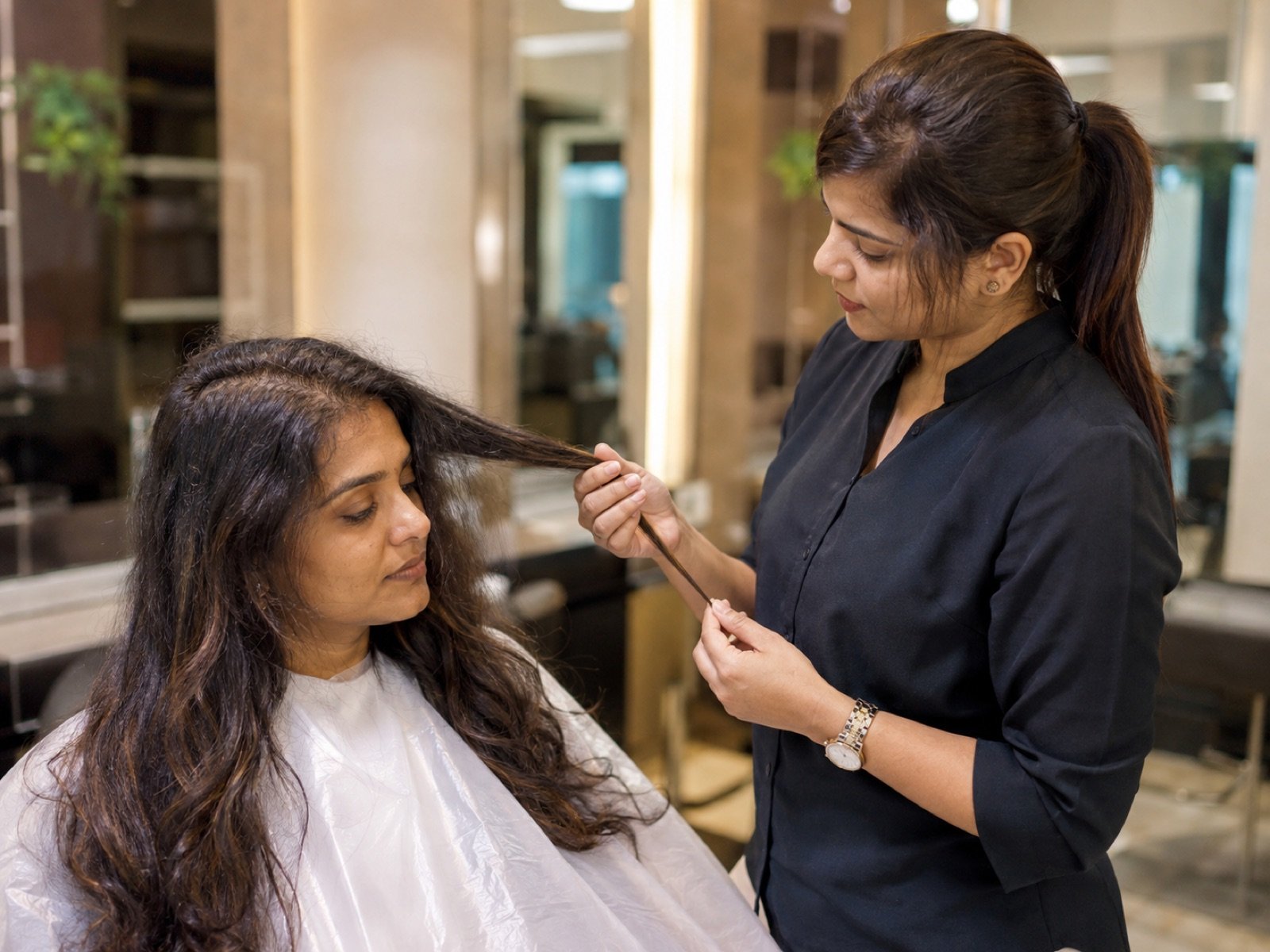 Indian stylist assessing elasticity and porosity in colour-stressed Indian hair