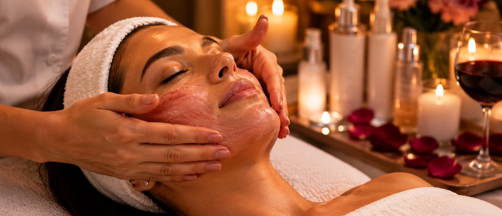 A Plum & Sugar therapist massaging in a red wine antioxidant facial mask at HSR Layout