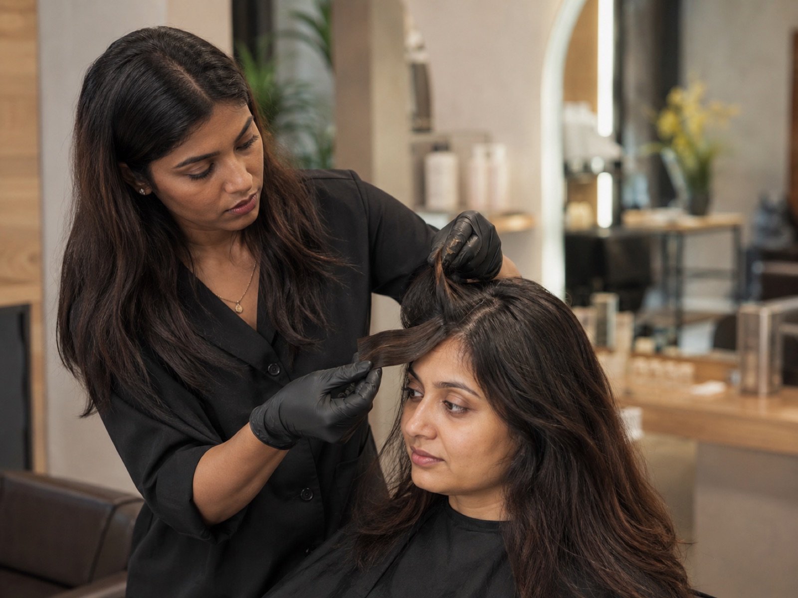 Indian colourist checking regrowth and matching a root touch-up shade
