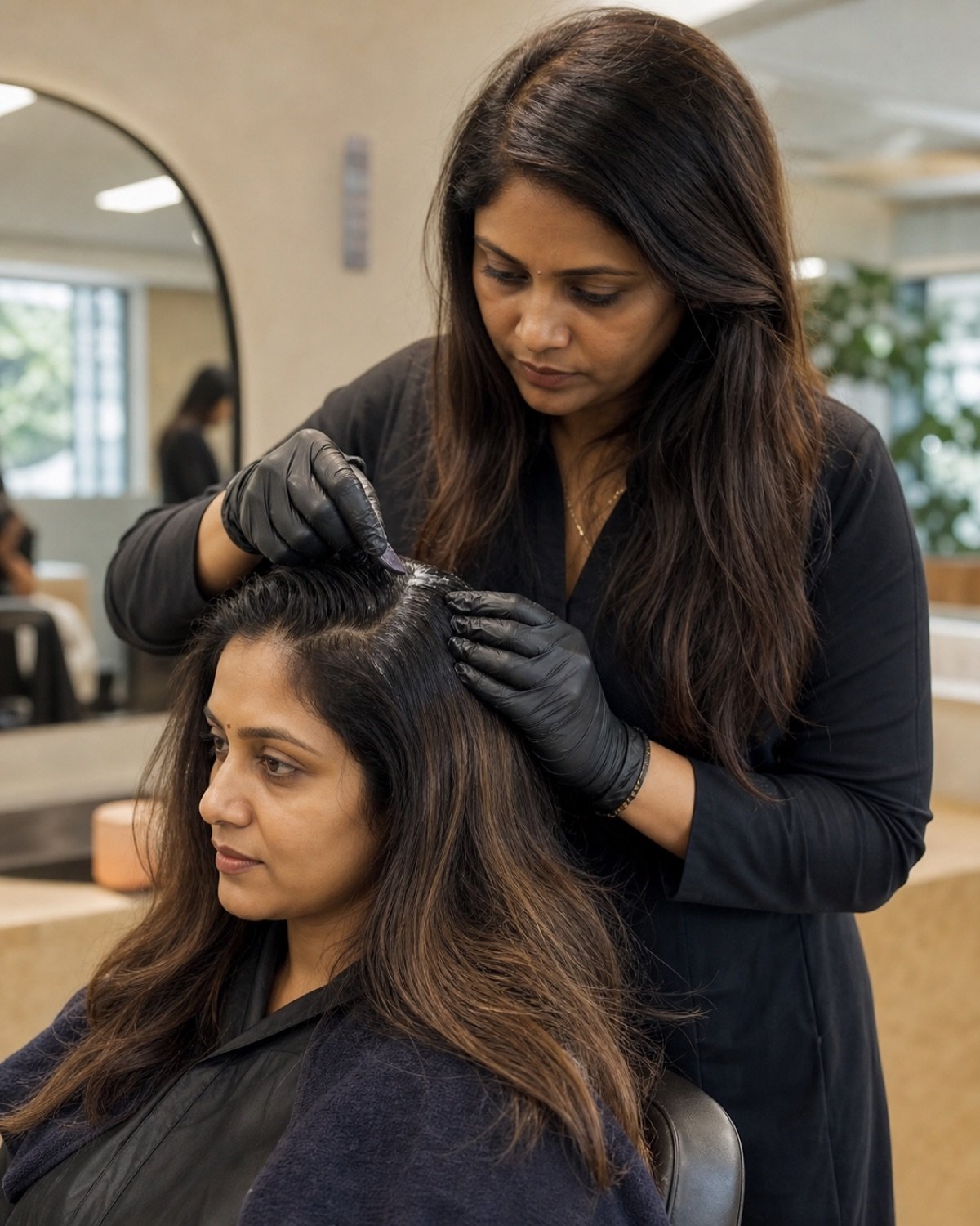 Colourist checking root colour processing on neatly sectioned Indian hair
