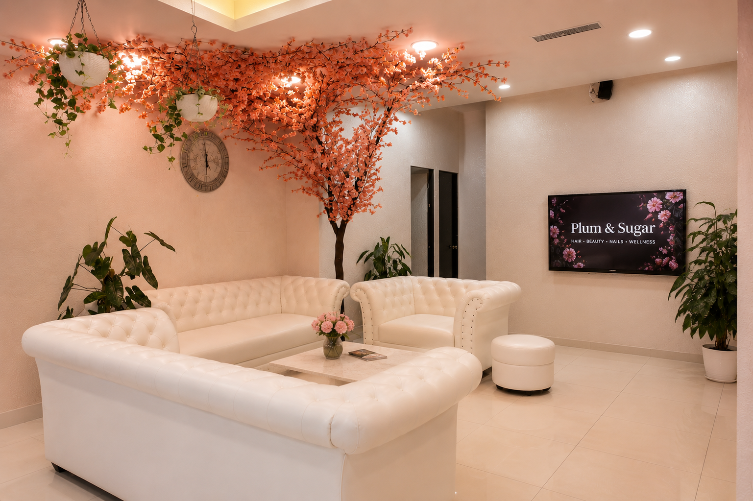 The Plum & Sugar lounge โ white Chesterfield sofas beneath cherry blossom lighting