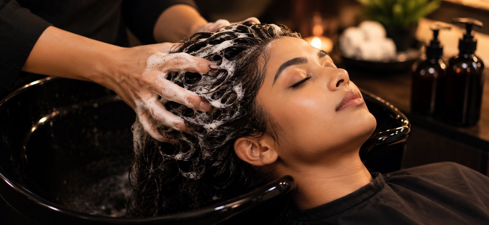 A stylist massaging shampoo through a client's scalp at the wash basin at Plum & Sugar
