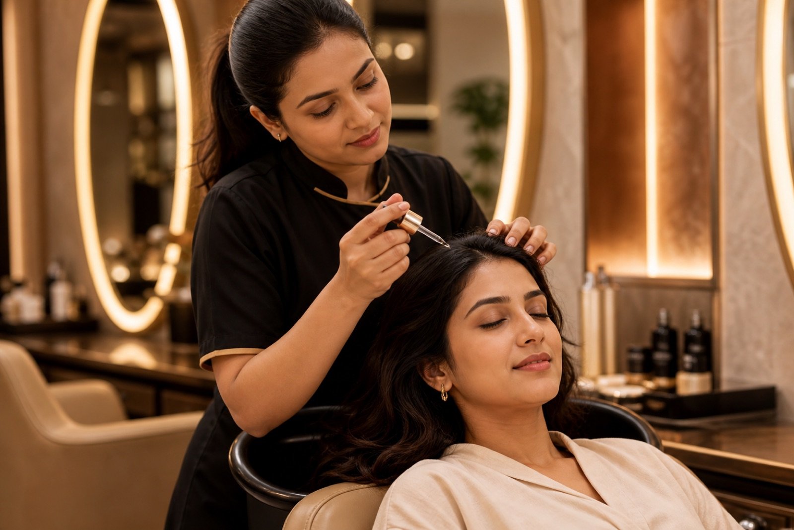 Indian client receiving scalp therapy serum treatment at Plum and Sugar HSR Layout