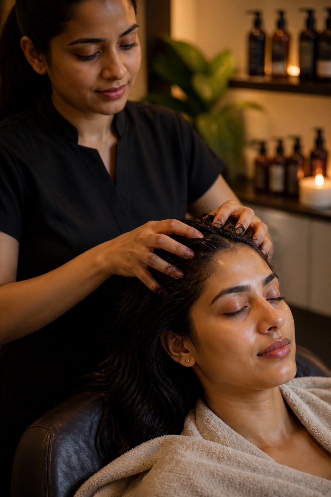 Relaxing scalp massage during therapy ritual
