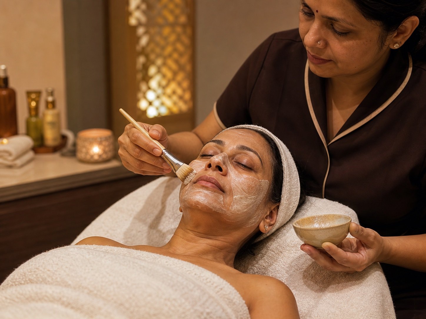 Mature Indian client receiving firming mask during Anti-Aging Facial at Plum & Sugar HSR Layout