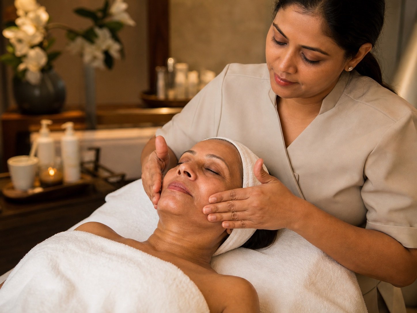 Mature Indian client receiving facial massage during Anti-Aging Facial at Plum & Sugar HSR Layout