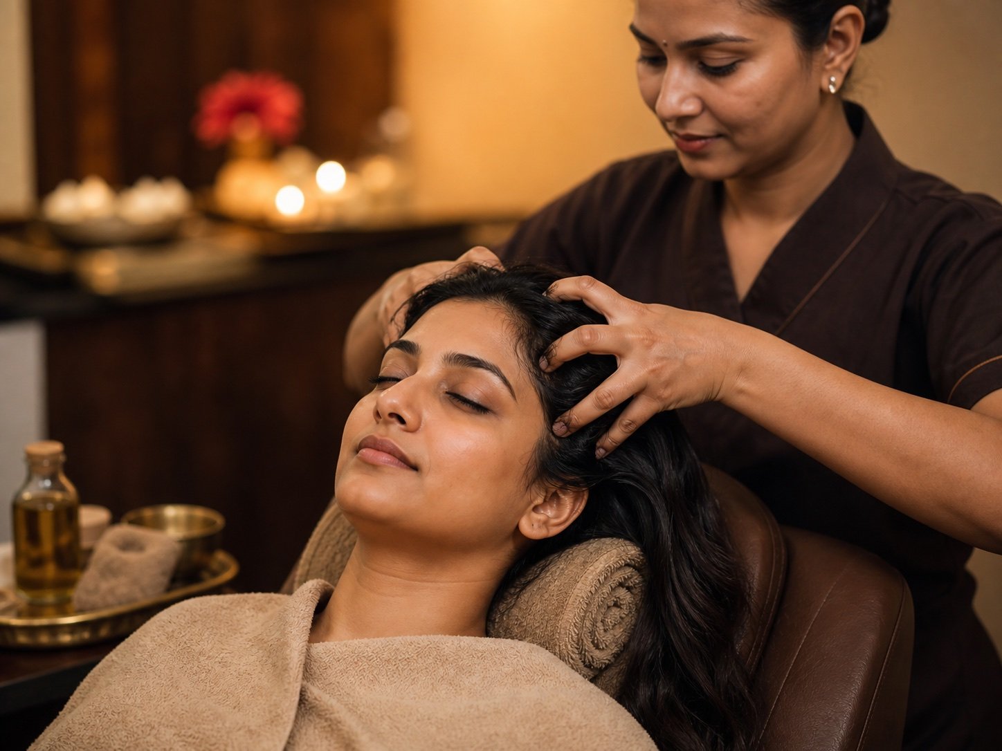 Indian client receiving a relaxing head massage at Plum & Sugar HSR Layout