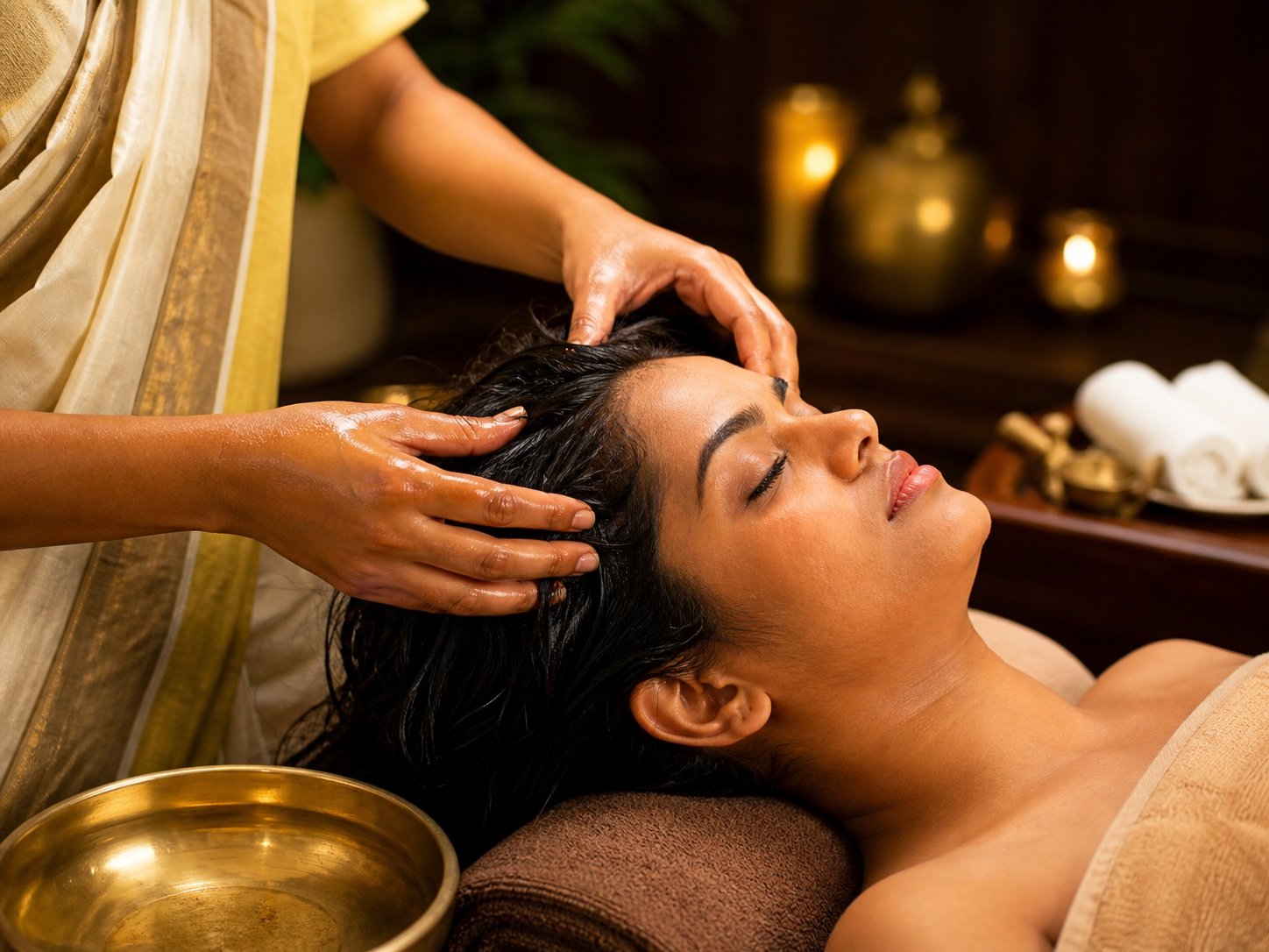 Indian client receiving warm oil scalp massage at Plum & Sugar HSR Layout