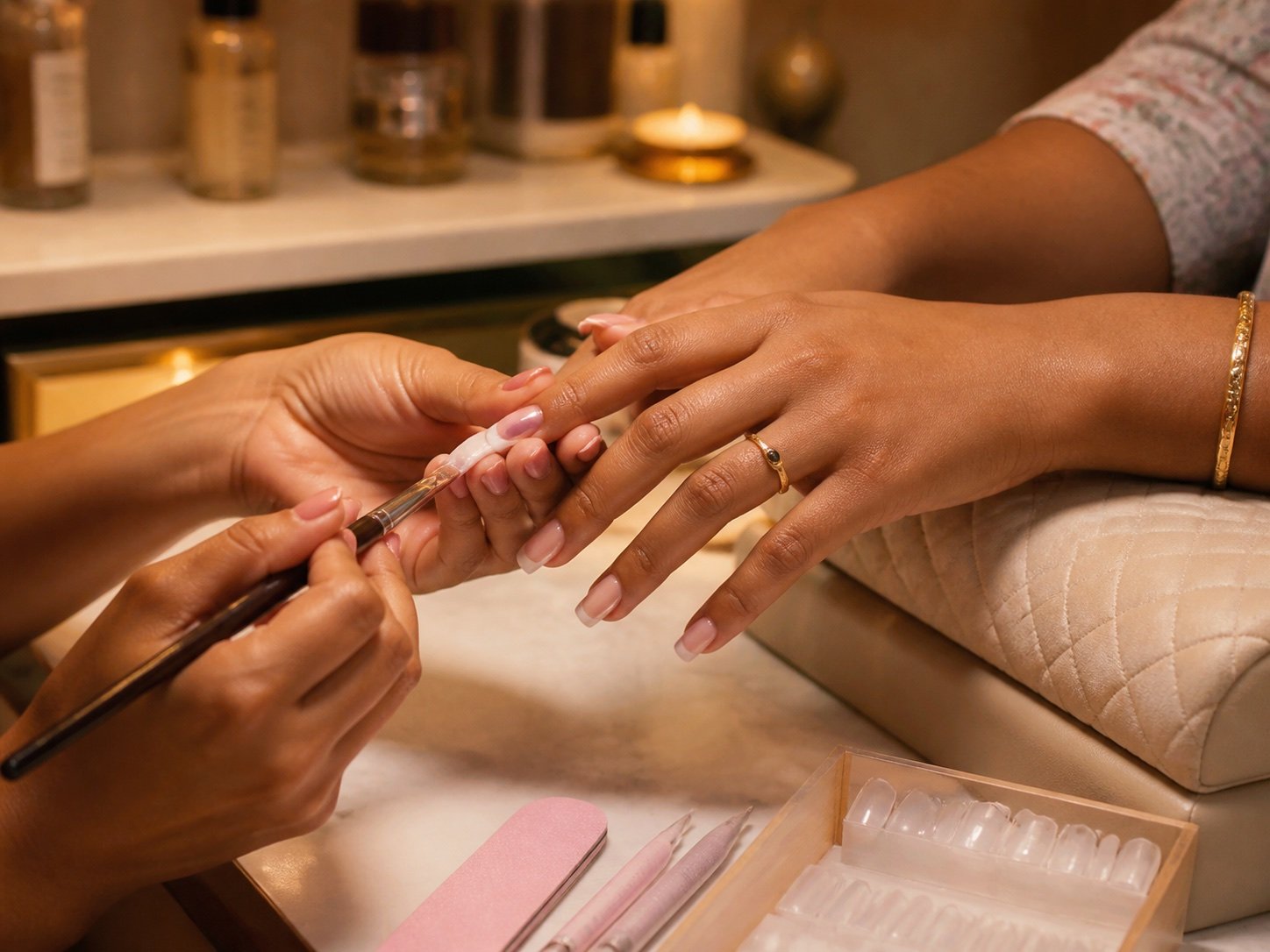 Indian client receiving nail extension application at Plum & Sugar HSR Layout