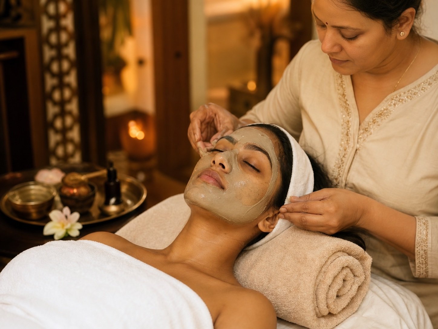 Indian client relaxing with calming pigmentation-care mask at Plum & Sugar HSR Layout