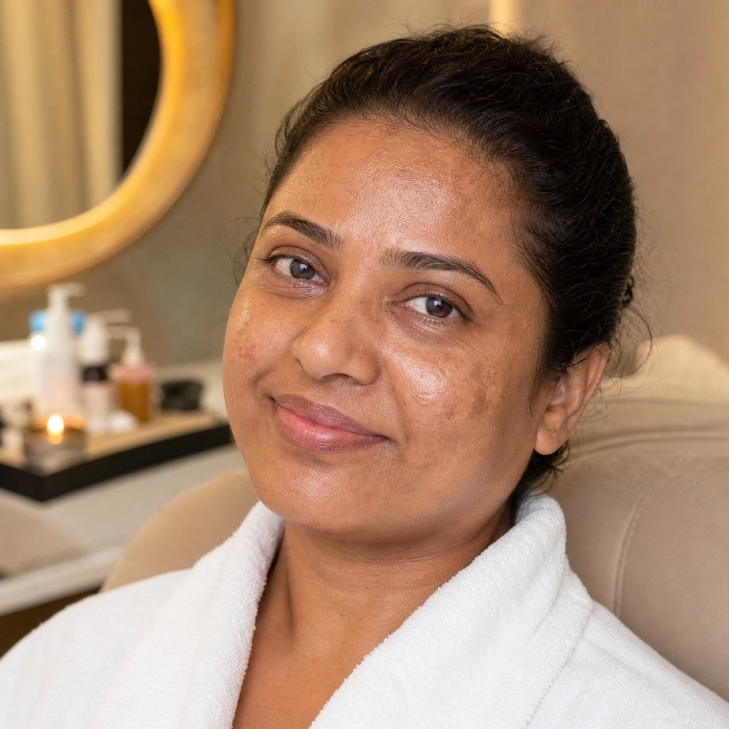 Indian client with natural skin texture after Pigmentation Care facial at Plum & Sugar HSR Layout