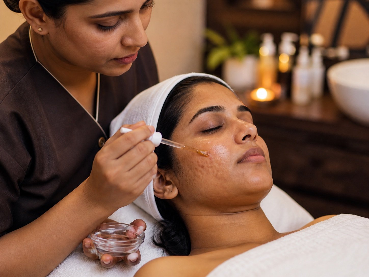 Indian client receiving targeted pigmentation-care serum at Plum & Sugar HSR Layout