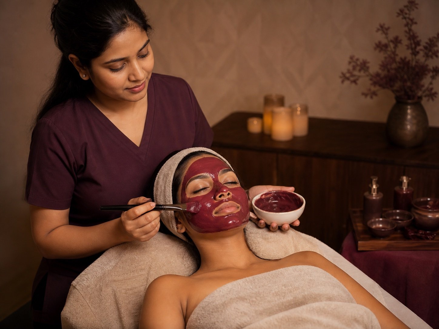 Indian client receiving antioxidant Red Wine Facial mask at Plum & Sugar HSR Layout