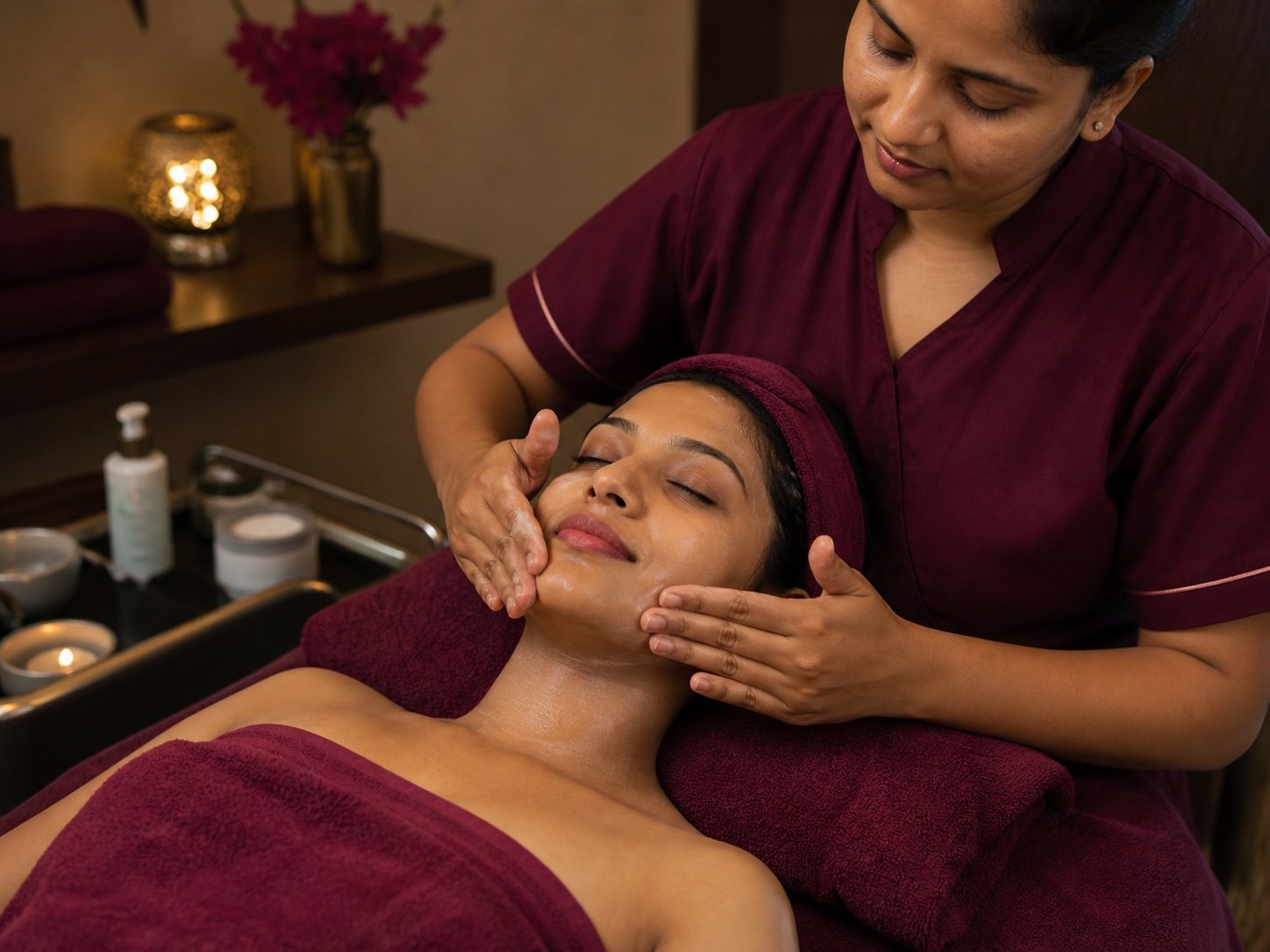 Indian client receiving relaxing Red Wine Facial massage at Plum & Sugar HSR Layout