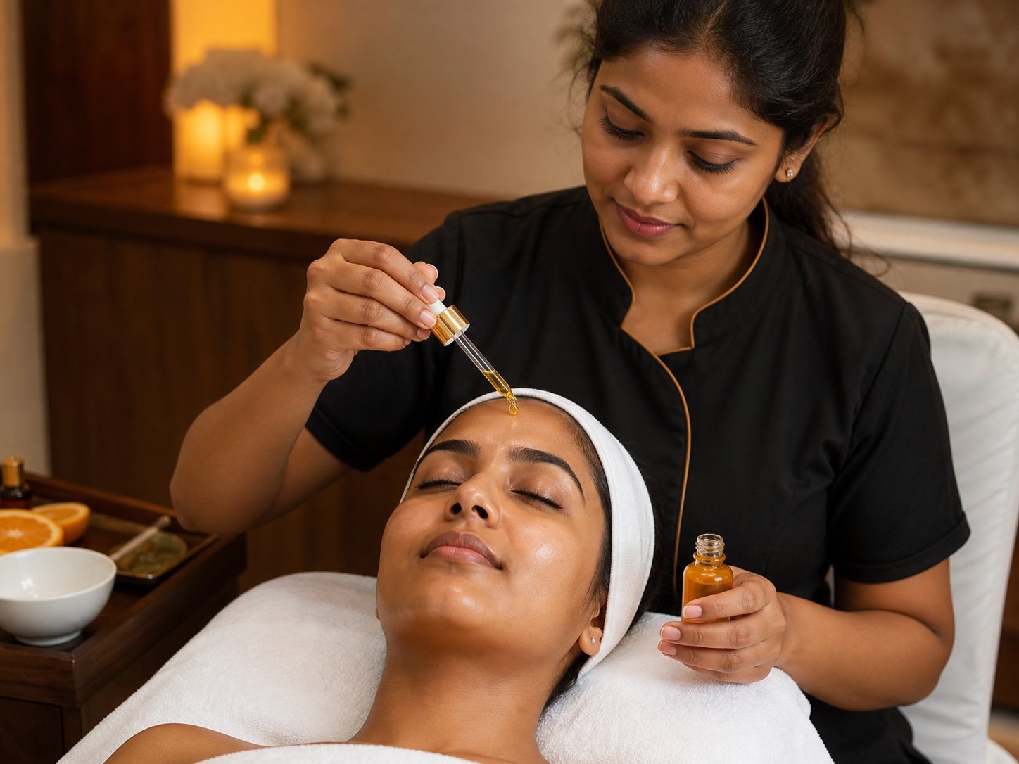 Indian client receiving Vitamin C serum during facial at Plum & Sugar HSR Layout