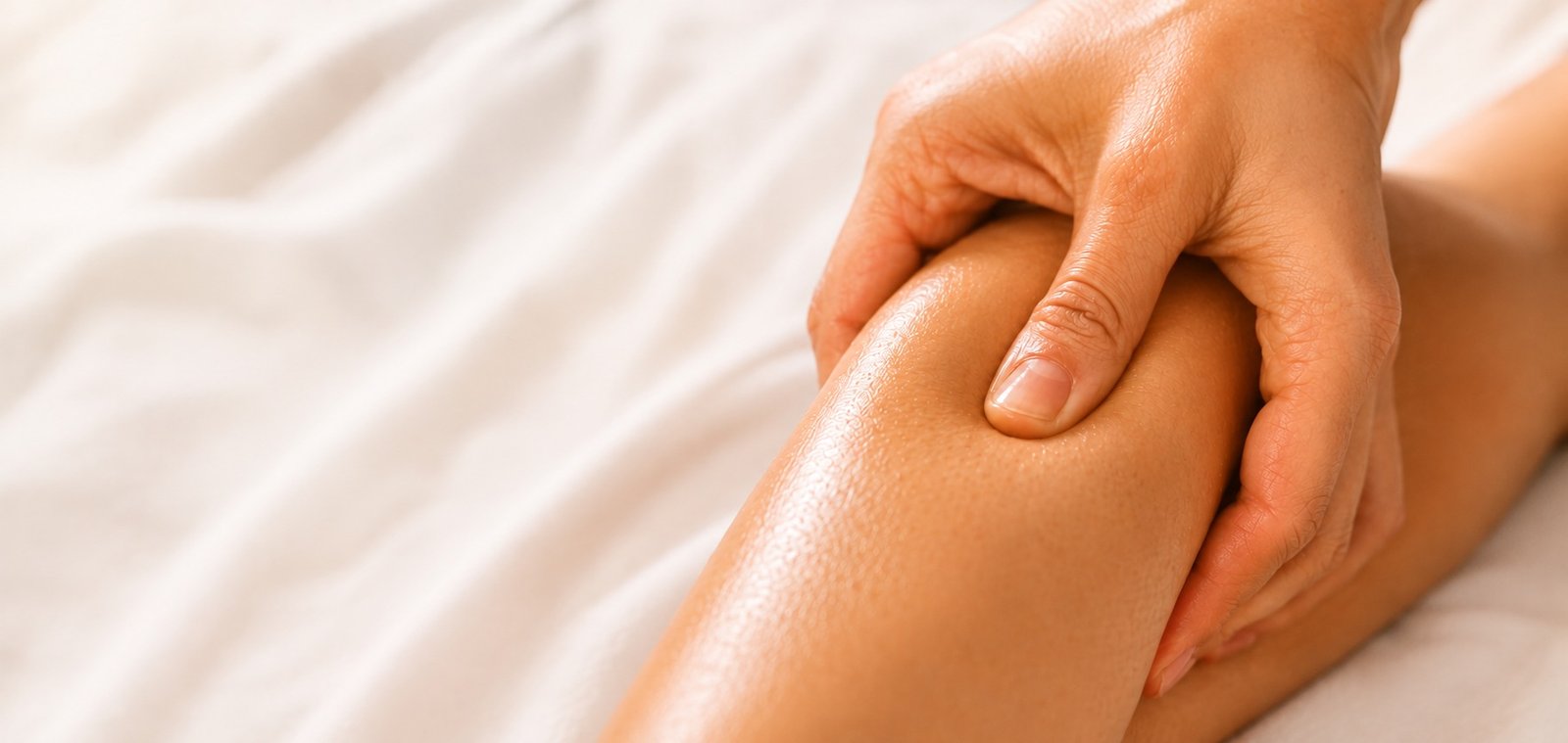Close-up of a therapist working deep pressure into the calf muscle at Plum & Sugar