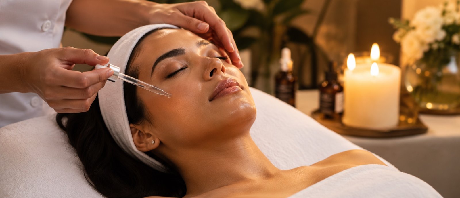 A Plum & Sugar therapist applying Vitamin C serum during a brightening facial at HSR Layout